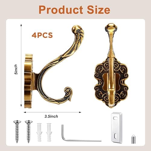 Zonon 4 Pcs Antique Gold Vintage Coat Hooks Decorative Towel Hooks for Bathrooms Antique Wall Hook for Hanging Purse Hat Keys Clothes Heavy Duty Unique French Country Curtain Holder for Wall thumbnail 3