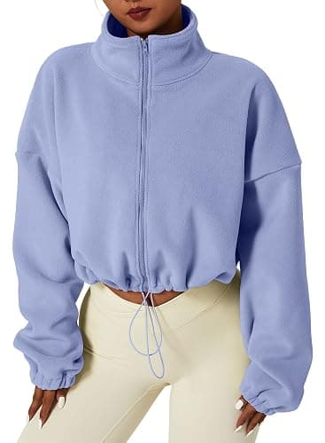 QINSEN Women's Full Zip Fleece Short Jacket Warm Winter Long Sleeve Stand Collar Sherpa Crop Coat - Image 1