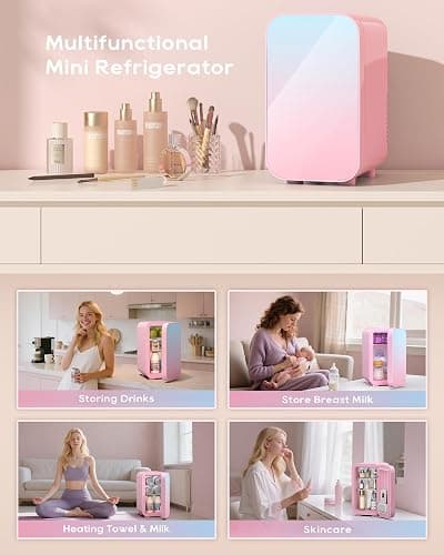 BEICHEN Mini Fridge, 6 Liter/8 Can Skincare Fridge, 110V AC/DC Portable Thermoelectric Cooler & Warmer for Skin Care, Cosmetics, Beverage, Food, Great for Bedroom, Office, Dorm (Pink) thumbnail 3