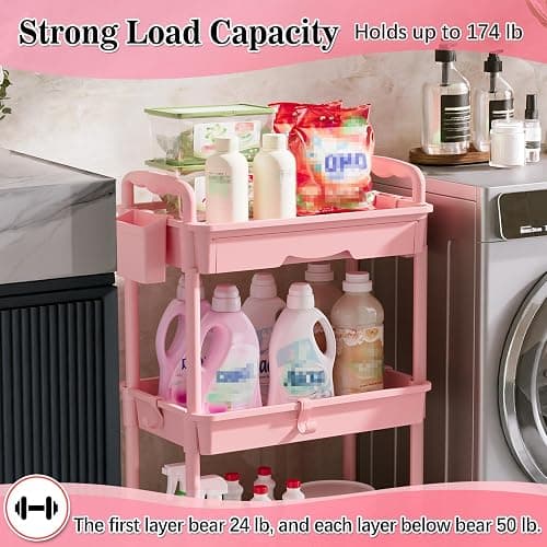 SUNALLY 3 Tier Rolling Cart with Drawer, Craft Storage Cart Organizer, Pink | Bathroom Storage Organizer with 2 Lockable Wheels, Rolling Utility Cart for Kitchen, Office, Baby, Makeup, Nail,Snack,Laundry thumbnail 5