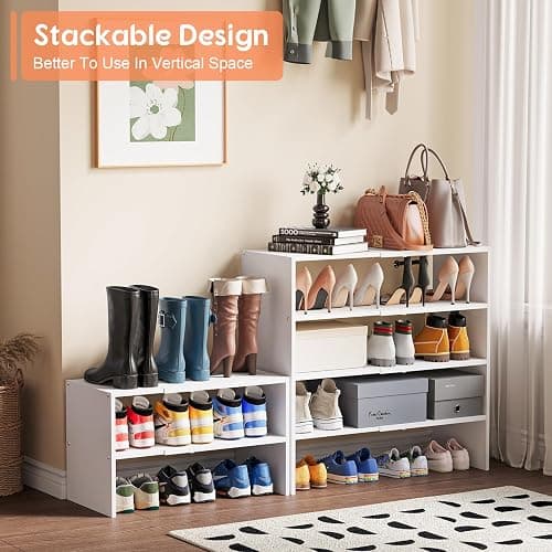 2-Tier Expandable White Shoe Rack Organizer for Closet, Stackable Shoe Rack Storage Shelf, Small Iron Wood Combination Shoe Shelves for Closets,Entryway,Front Door, Narrow Space,Hallway,6-12 Pairs thumbnail 4