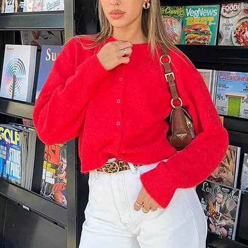 Women Y2K Button Front Crop Sweater Cardigan Solid Color Crew Neck Long Sleeve Knit Fall Tops Streetwear thumbnail 3