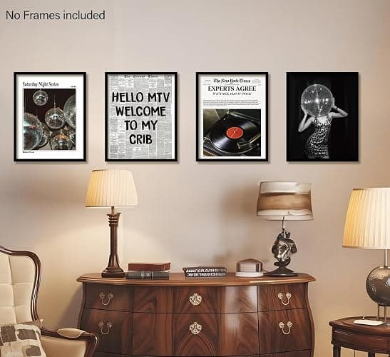 KDHTY Vintage 70s Disco Ball Newspaper Prints Wall Art,Retro Room Cheetah Print Decor,Trendy Black And White Newspaper Wall Art,Record Player Poster for Room Aesthetic,Vintage Decor for College Apartment 8x10 Unframed 4 Pcs thumbnail 4