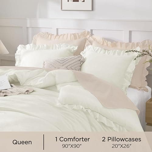 Andency Ivory Comforters Queen Size, 3 Pieces Solid Shabby Chic Farmhouse Bedding Comforters & Sets, Lightweight Fluffy All Season Soft Down Alternative Bed Set for Women Men thumbnail 5