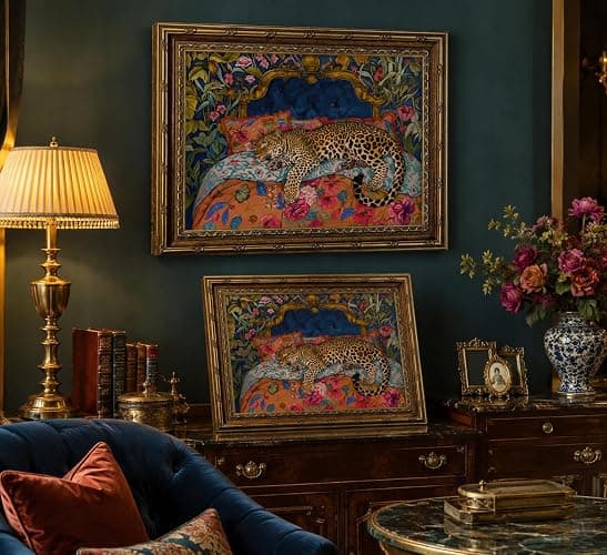 FKRYTYB Vintage Gold Frame Sleeping Leopard Canvas Wall Art 11x9in | Luxury Jungle Theme Colorful Cheetah Animal Tropical Floral Fashion Maximalist Dopamine for Living Room Bedroom Dorm Office thumbnail 4