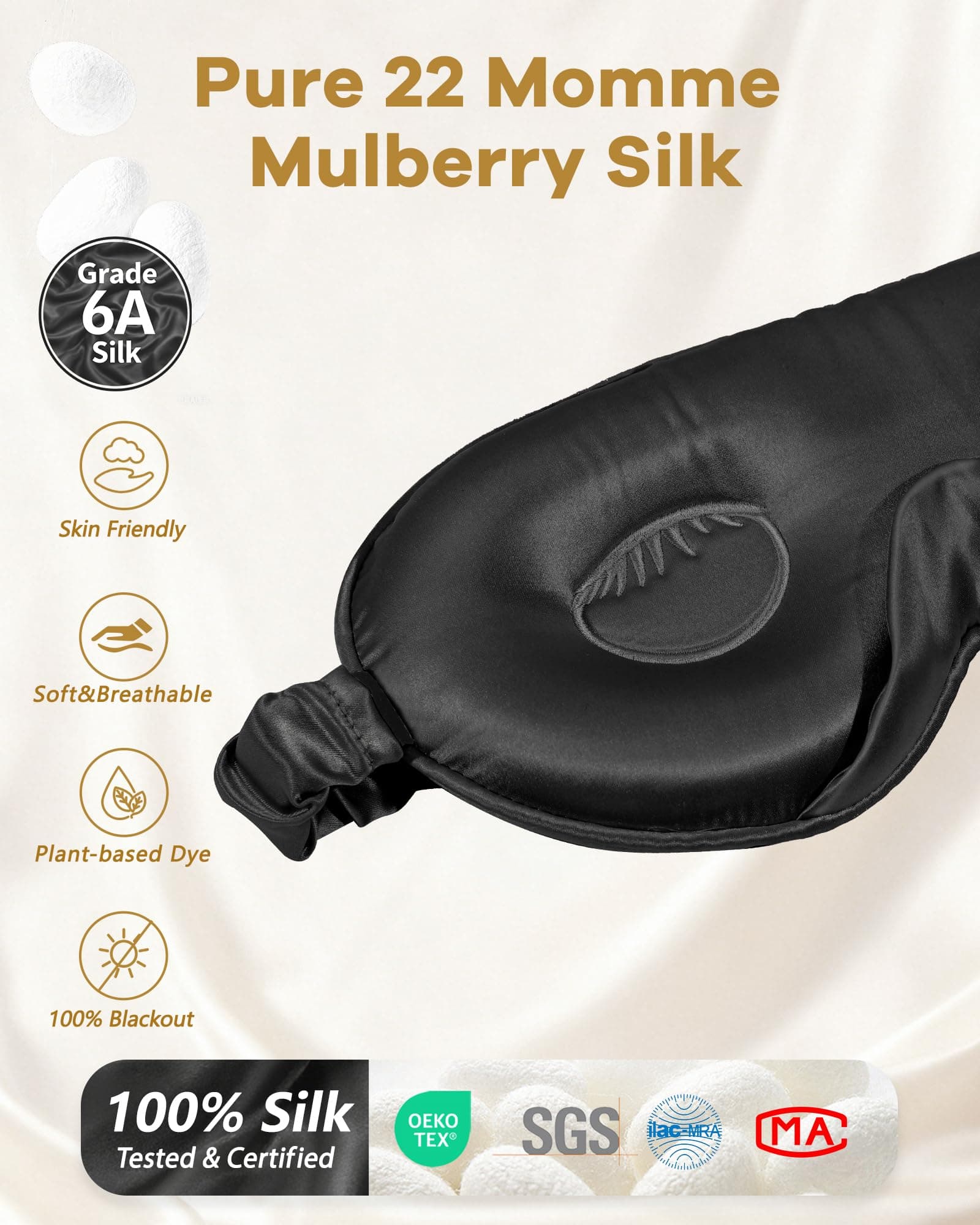 BeeVines Silk Sleep Mask, 1 Pack 22 Momme Silk Eye Masks for Sleeping with Adjustable Strap, 3D Contoured Sleep Eye Mask for Eyelash Extension, Blackout Mulberry Silk Eye Mask for Men & Women (Black) thumbnail 4