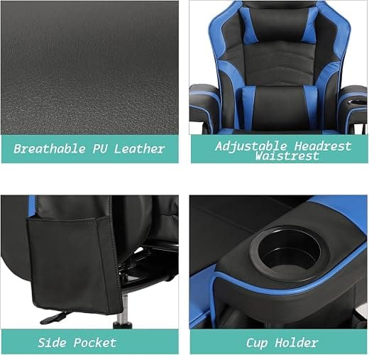 LVUYOYO Reclining Gaming Chair, Massage Gaming Chairs for Adults, High Back PU Leather Game Recliner w/Adjustable Height, Swivel Game Chair with Lumbar Support, Cup Holder, Headrest thumbnail 6