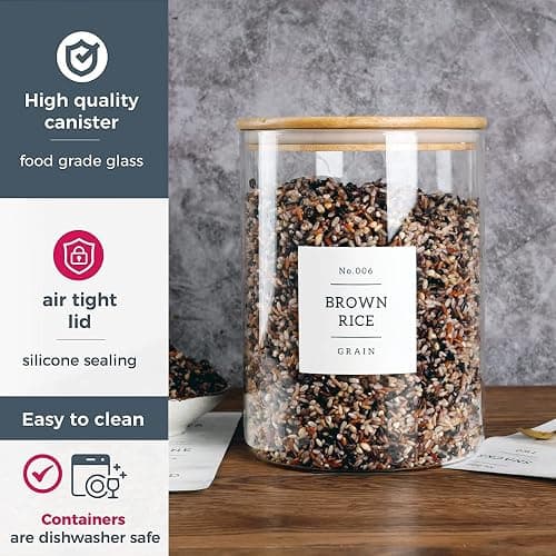 HHMJSM Large Glass Storage Jars With Airtight Bamboo Lid - 100 Fl Oz Thicken Kitchen Glass Food Storage Canister With 42 Pantry Labels - Big Clear Flour And Sugar Containers Farmhouse thumbnail 4