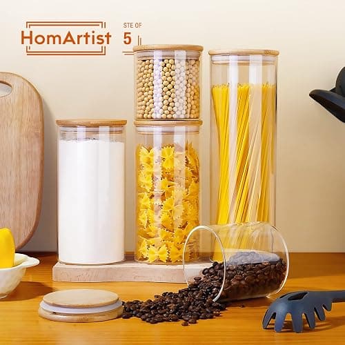 HomArtist Glass Jars with Bamboo Lids [Muti Size Set of 5], Glass Canisters with Airtight Lids, Glass Food Storage Containers for Pasta, Oats, Coffee, Flour, Sugar, Rice, Best for Kitchen & Pantry thumbnail 2