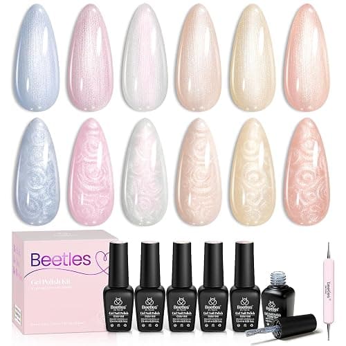 Beetles Pearl Gel Nail Polish – Glitter Silk 6 Colors Gel Polish Set, Pastel Pink White Orange Blue Colors Shimmer Mermaid Shell Swirl Thread Effect Soak Off UV LED Gift for Women - Image 1
