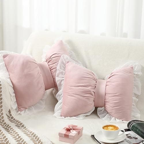 ❤️Yousoontic 2 Pcs Bow Pillows 15.7 * 12.6 in Coquette Throw Pillow Cute Bow Shaped Cushion Plush Lumbar Decorative for Girls Room Bed Sofa Couch Car(Velvet,Pink) thumbnail 2