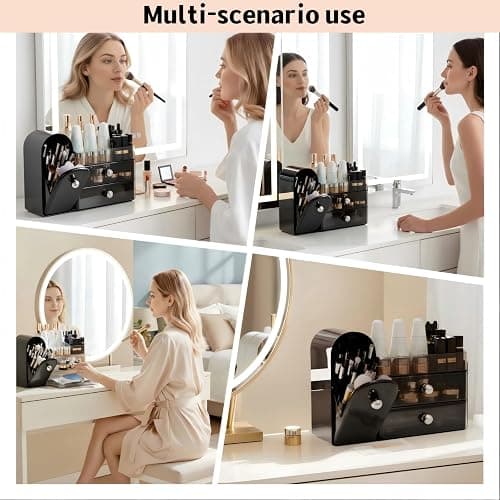 RONGZHIERK Makeup Organizer for Vanity with Covered Brush Holder，Bathroom Organizers with Drawer，Skin Care Organizer，Makeup Organizers for Vanity with Drawer，Large Makeup Storage for Dresser, Black thumbnail 5