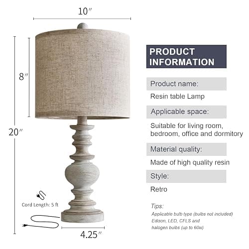 BOBOMOMO Tradition 20" Rustic Table Lamp Set of 2 for Living Room Bedroom Bedside Desk Lamps Bedroom Nightstand Vintage Lamps Linen（Suitable for Decorating Small Areas） thumbnail 8