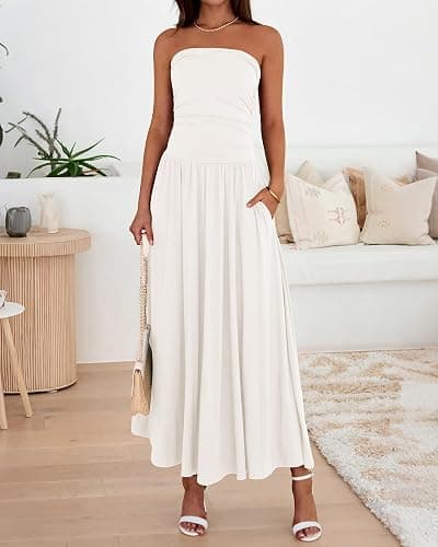 BTFBM Summer Maxi Dresses for Women 2026 Strapless Ruched Tube Top Beach Vacation Spring Wedding Guest Dress Pockets thumbnail 7