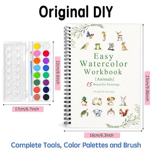 SLWBZ Watercolor Workbook Animals, 15 Different Patterns of Original DIY Designs, 16 Color Watercolor Paint Plates with Palette and Brush, Beginner-Friendly Watercolor Workbooks, Animals thumbnail 2