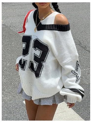 BEAUDRM Women's Y2K Sweater Oversized Sweaters Long Sleeve V Neck Pullover Jumper Knit Top thumbnail 5