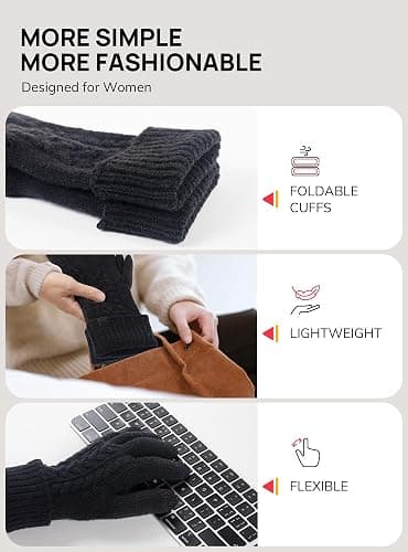 TRENDOUX Merino Wool Womens Winter Gloves Folding Cuffs Touchscreen Soft Skin-Friendly Jacquard Thin Knit Warm Glove thumbnail 5