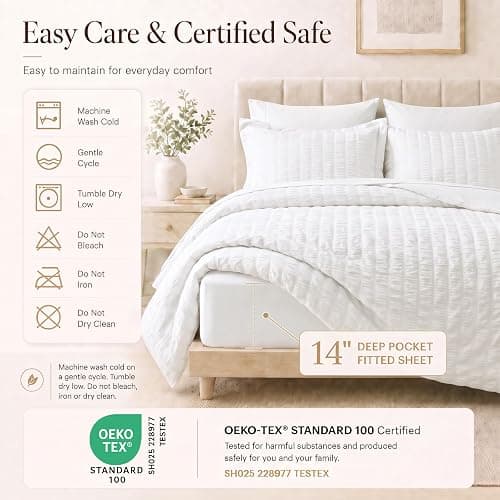 CozyLux Oversized Queen Comforter Set, 7-Piece White Seersucker, 98 x 98 in | OEKO-TEX Certified All Season Bed in a Bag with 240 GSM Down Alternative Comforter, Flat & Fitted Sheets, Pillowcases & Shams thumbnail 5