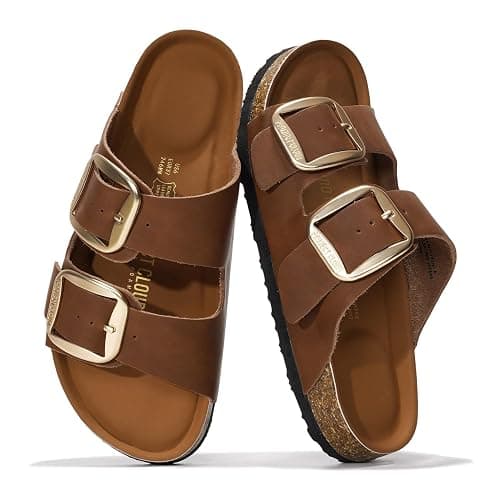 Project Cloud Genuine Leather Flat Sandals for Women 2025 Comfortable Beach Essentials Womens Sandals Memory Foam Vacation Essentials Slides for Women Footwear (Santorini) - Image 1