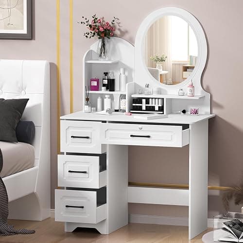 balurukt Vanity Desk with Sliding Mirror and Lights,Makeup Vanity Set with 6 Storage Shelves 4 Drawers Dressing Table for Bedroom Dressing Room Hidden Storage Space(White) White thumbnail 6