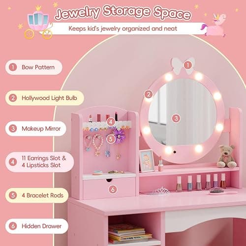 MU Kids Vanity Table and Chair Set – Princess Girls Vanity Set with Mirror, Lights, Jewelry Storage, and Cushioned Stool, Toddler Makeup Vanity for Little Girls (Pink) thumbnail 3