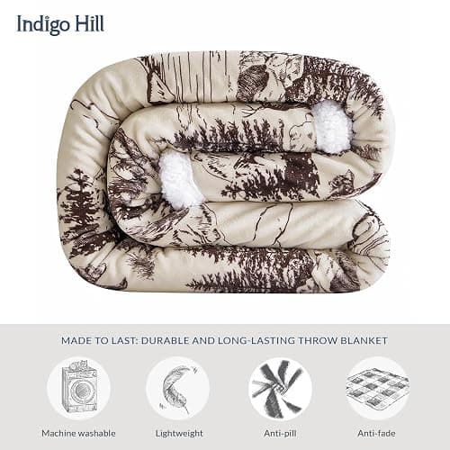 Indigo Hill by HiEnd Accents White Pine 3 Piece Sherpa Throw Blanket Set, Pine Tree Bear Deer Elk Print Fleece Throw Set, Western Cabin Lodge Rustic Style, 1 Throw and 2 Pillows thumbnail 6