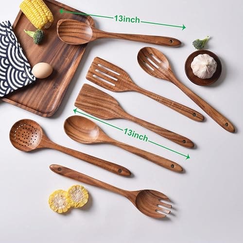 Gudamaye 13 inch Long Wooden Utensils for Cooking, Long Handle Wooden Spoons for Cooking, 7 PCES Crafting Wooden Spoon Set, Wooden Kitchen Utensil set, Natural Teak Wooden utensil Set thumbnail 3