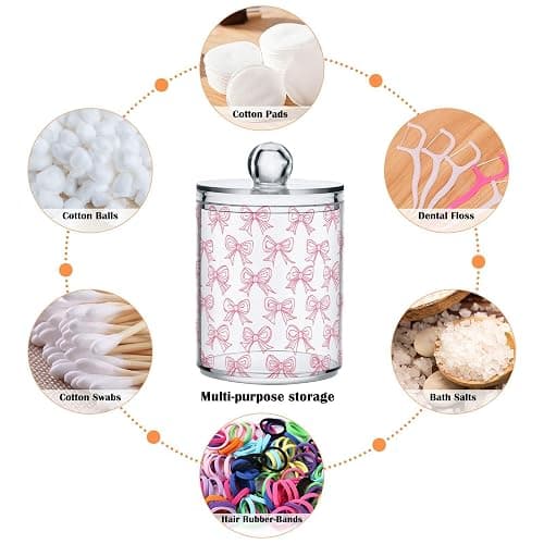 2 Pack Qtip Holder Dispenser with Lids, Cute Pink Bows Plastic Storage Containers, Bathroom Canisters Organizer for Cotton Swab, Cotton Round Pads, Floss 21219887 - 2 Pack - Cute Pink Bows 21219887 thumbnail 4