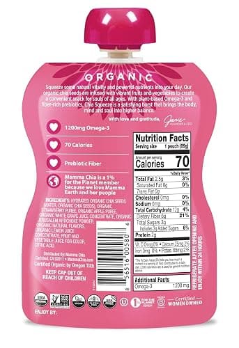 Mamma Chia Organic Prebiotic Squeeze Snack, Strawberry Lemonade, 16- 3.5 Ounce , Fiber-Rich Prebiotic Gut Support, USDA Organic, Non-GMO, Vegan, Gluten Free (Pack of 16) thumbnail 2