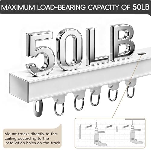Ceiling Curtain Track, Curtain Track with Roller Hooks, 6ft - 9ft Ceiling Mounted Rail Set for Room Divider, White thumbnail 6