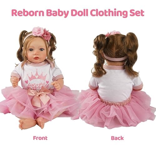 BABESIDE 3 Pcs Reborn Baby Doll Clothes Set for 17-22 Inch Babydolls, Cute Baby Doll Accessories Set with Skirt Headband for Realistic Babydolls Girl, Pink thumbnail 4