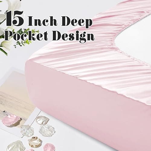 Homiest Ruffled Satin Sheets Full Size 6pc Set - Blush Pink Bed Sheet Set with 15 Inch Deep Pocket Fitted Sheet, 1 Flat Sheet, 2 Ruffled Pillow Shams & 2 Pillowcases, Similar to Silk Sheets thumbnail 7