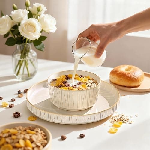 Feastly Stoneware Dinnerware Sets for 4, 12 Pcs Ribbed Reactive Glaze Ceramic Plates and Bowls Sets, Chip Resistant, Microwave Dishwasher Safe Dish Set, Housewarming Gifts, Cappuccino White thumbnail 3