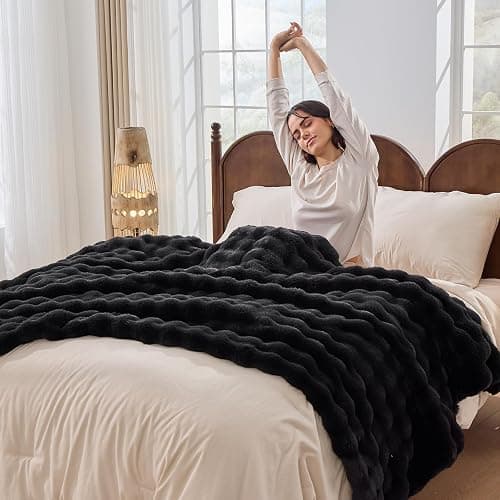 Jeyfull Fluffy Faux Rabbit Fur Throw Blanket - Soft, Luxury, Cozy Thick Warm Decorative Blanket for Bed, Sofa (Throw Size 50''x60'', Black) thumbnail 2
