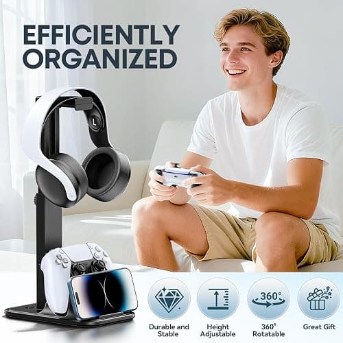 Gaming Headset & Controller Stand, Rotating Headphone Storage with Controller & Phone Holder, Game Desk Storage with Cable Organizer for PS5/PS4/XBOX PC Gamer Essentials Organizer Gift Accessories thumbnail 7