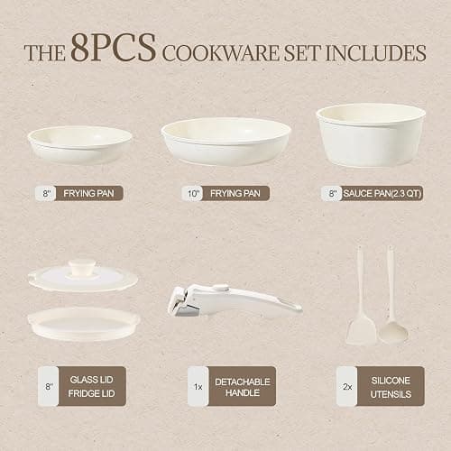 Ceramic Cookware Set Non Stick 8Pcs Pots and Pans Set Detachable Handle Induction Kitchen Cooking Set with Frying Pans Oven Dishwasher Safe, PFAS/PFOA Free, Cream White thumbnail 2
