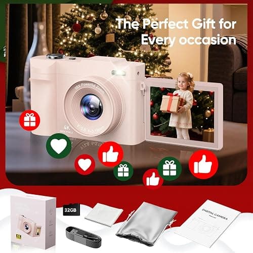 4K Digital Camera for Photography- 50MP Autofocus Vlogging Camera with 2.8" 180°Flip Screen, 18X Digital Zoom- Compact Point and Shoot Camera with 32GB TF for YouTube, Travel, Beginners, Pink thumbnail 7