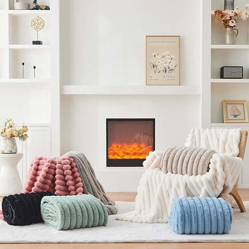 Lotus Karen Faux Fur Throw Blanket - Stripe Faux Rabbit Fur Blanket for Couch, Cozy Soft Fluffy Fuzzy Blanket, Warm Thick Furry Plush Shaggy Small Blankets for Women, Linen,50x60 Inches thumbnail 6