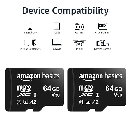 Amazon Basics MicroSDXC UHS-I Class 10 Memory Card with Full Size Adapter, A2, U3, V30, 4K, Read Speed up to 100 MB/s, 64 GB (2pack), for GoPro Cameras Storage, Black thumbnail 3
