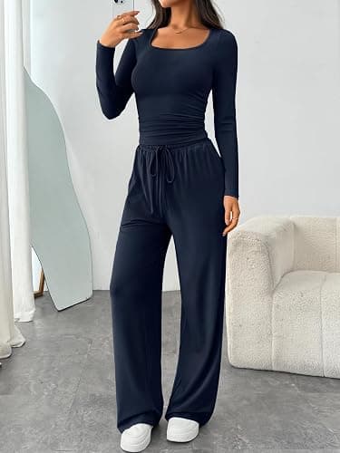 Trendy Queen 2 Piece Scoop Neck Lounge Set Womens Wide Leg Pants Side Ruching Slightly Crop Top Sweatsuit Sets With Pockets thumbnail 3