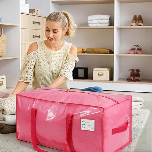 VTSVTS 8 Pack Extra Heavy Duty Large Moving Bags with Comfortable Handle & Strong Zipper,Storage Totes for Space Saving Moving Storage College Supplies Alternative to Moving Box,Pink thumbnail 5