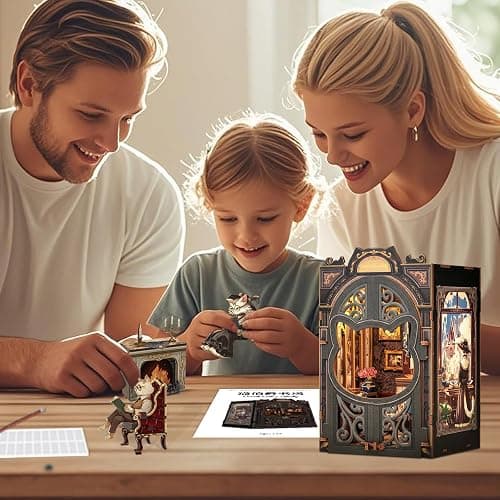 CUTEBEE DIY Book Nook Kit, Miniature House Kits for Adult and Teens, DIY Miniature Book Nook kit with Sensor Led Light, Gifts for Lovers and Family (Count Cat's Study) thumbnail 2