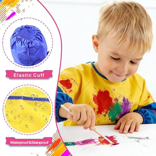 Yeunmu Kids Painting Apron 2 Pack, Waterproof Toddler Art Smock, Artist Smock for Kids Age 2-8 with Long Sleeve and 3 Pockets thumbnail 3