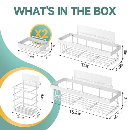 Veken Adhesive Shower Caddy 5-Pack,Heavy Weight Bearing,Large Wall Mounted Shower Shelves Rack,Organizer Storage Accessories with Soap Dish&Toothbrush Holder,Ideal for Bathroom,Home&Kitchen,White thumbnail 2