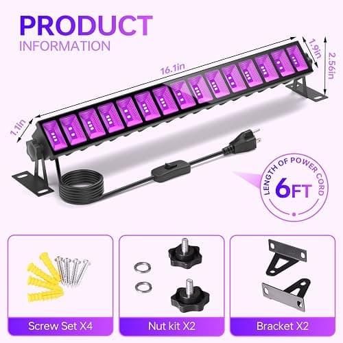 4 Pack LED Black Lights, Blacklight Bars with Plug+Switch+6ft Cord, Light Up 24x24ftx4, IP66 Waterproof Blacklight for Glow Party, Fluorescent Poster, Body Paint, Halloween Decorations, Bedroom, Stage - 4 Count (Pack of 1) thumbnail 3
