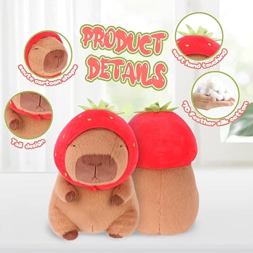 RichRabbit Cute Capybara Plush Capibara Stuffed Animal Plushies Toys Hugging Gifts for Kids Brown Plush Wear Strawberry Hat Soft 9 inch thumbnail 6