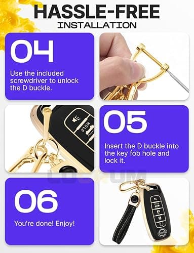 Lucrum Compatible with Nissan Key Fob Cover & Leather Keychain, 5 Buttons Keyfob Case for Pathfinder Rogue Sentra Versa Patrol Armada (2023-2025) - Black and Gold thumbnail 7