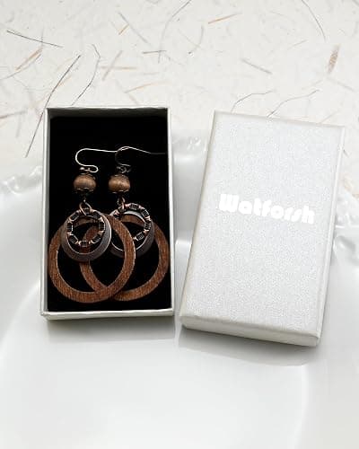 Wooden Earrings for women with Copper and Wood Circle dangle Lightweight Geometric Brown Earrings for Western Bohemian ethnic style thumbnail 7