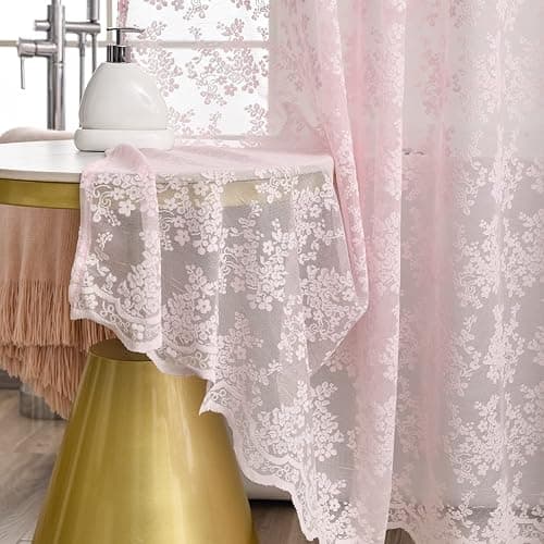 YJ YANJUN Pink Lace Shower Curtain - Vintage Shower Curtains with Attached Valance, Floral Lace Bath Curtains for Bathroom, Farmhouse Style Shabby Chic Scalloped Edge, 72 x 72 Inch, 1 Panel thumbnail 6