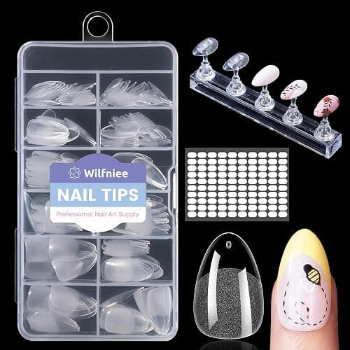 Wilfniee Short Almond Nail Tips: 240PCS Soft Gel Pre-Shaped Acrylic Fake Almond Nail Tips with Nail Stand, 12 Sizes Full Cover Clear Press on Nails for Girls Women Nail Art Design - Image 1